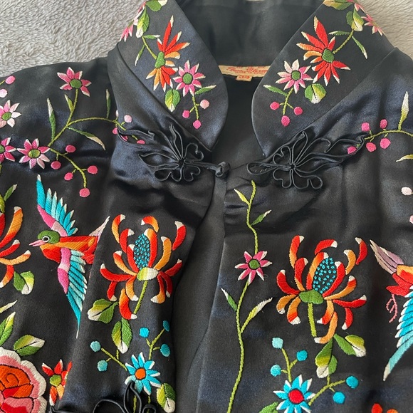 Black Chinese vintage hand embroidery floral birds long jacket coat size xs-s - Picture 6 of 16